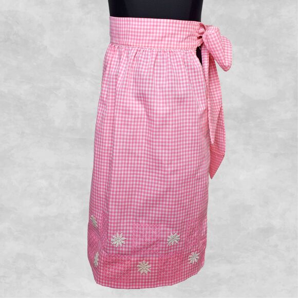 Vintage Pink Gingham Apron Hand Smocked Embroidered Daisies Pocket Mid-Length - Picture 6 of 7
